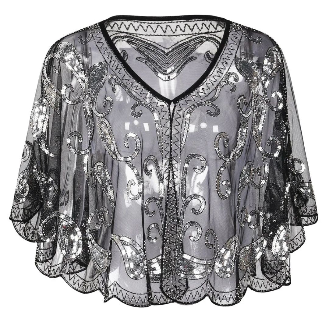 Kathy 1920s Glitter Sequin Cape-Black-State of Style