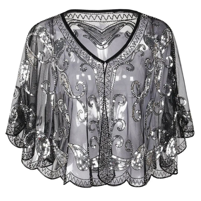 Kathy 1920s Glitter Sequin Cape-Black-State of Style
