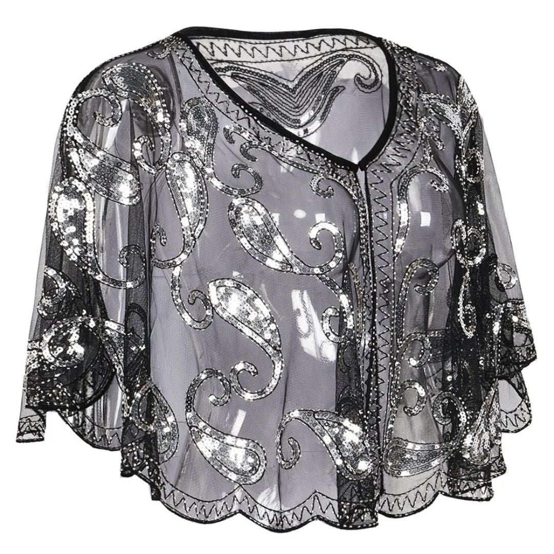 Kathy 1920s Glitter Sequin Cape-Black-State of Style