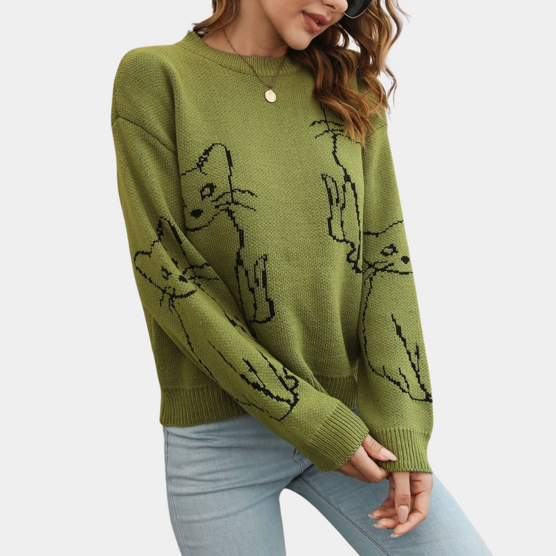 Kebell - Trendy Ladies' Sweater with Cats-Green-XS-State of Style