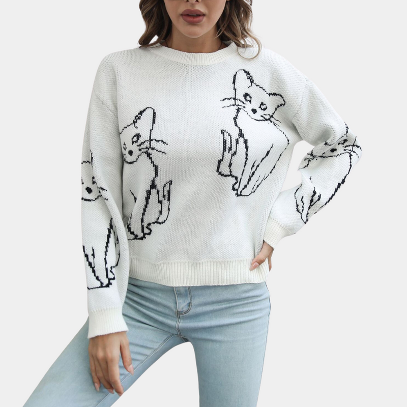 Kebell - Trendy Ladies' Sweater with Cats-White-XS-State of Style