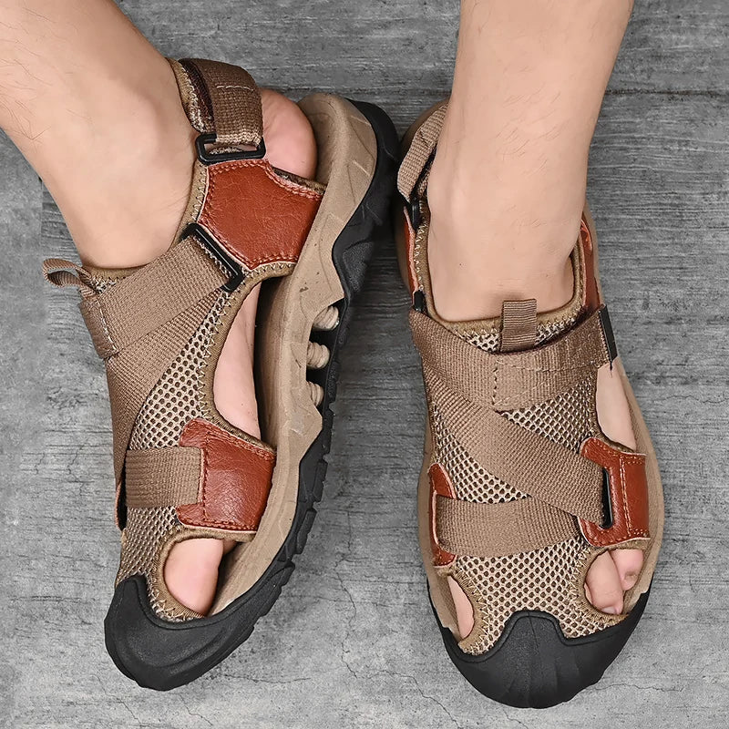 Khaki-coloured men's leather sandals in Roman style for summer and leisure – Cassian-6-State of Style
