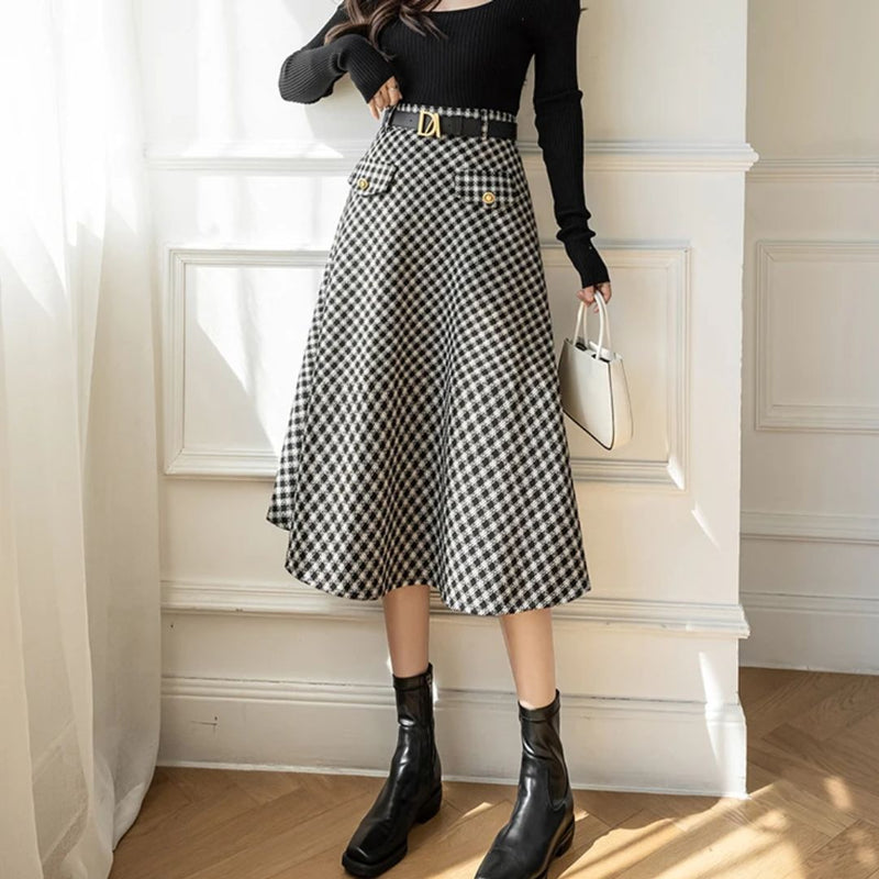 Kimberly Traditional Skirt – High-Waisted Wool Check A-Line Skirt-S-State of Style