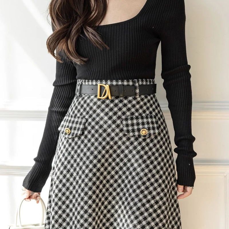 Kimberly Traditional Skirt – High-Waisted Wool Check A-Line Skirt-S-State of Style
