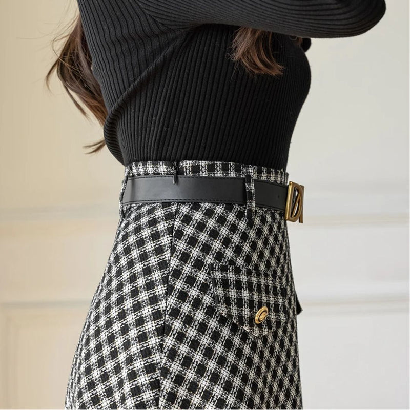 Kimberly Traditional Skirt – High-Waisted Wool Check A-Line Skirt-S-State of Style