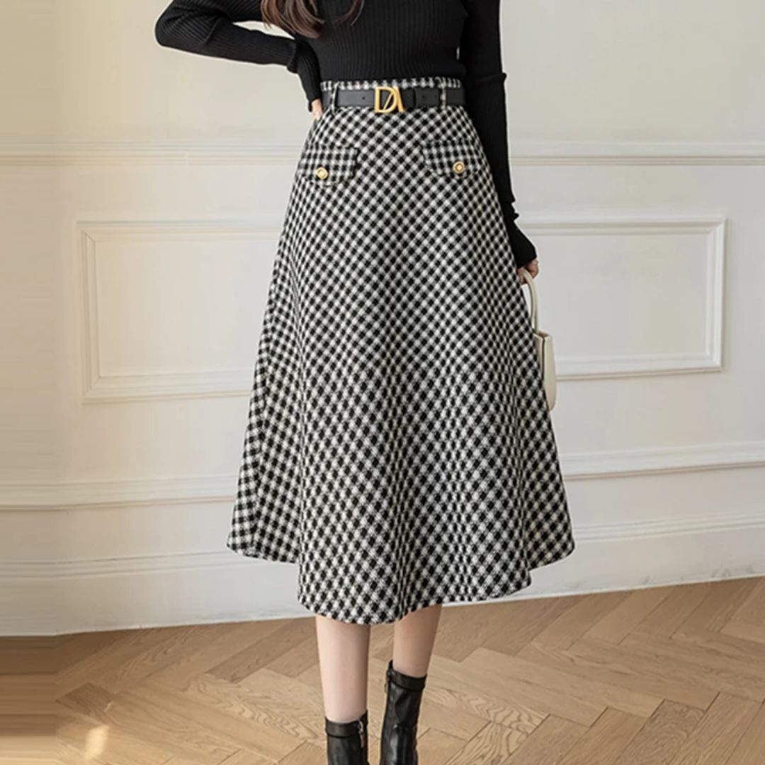 Kimberly Traditional Skirt – High-Waisted Wool Check A-Line Skirt-S-State of Style