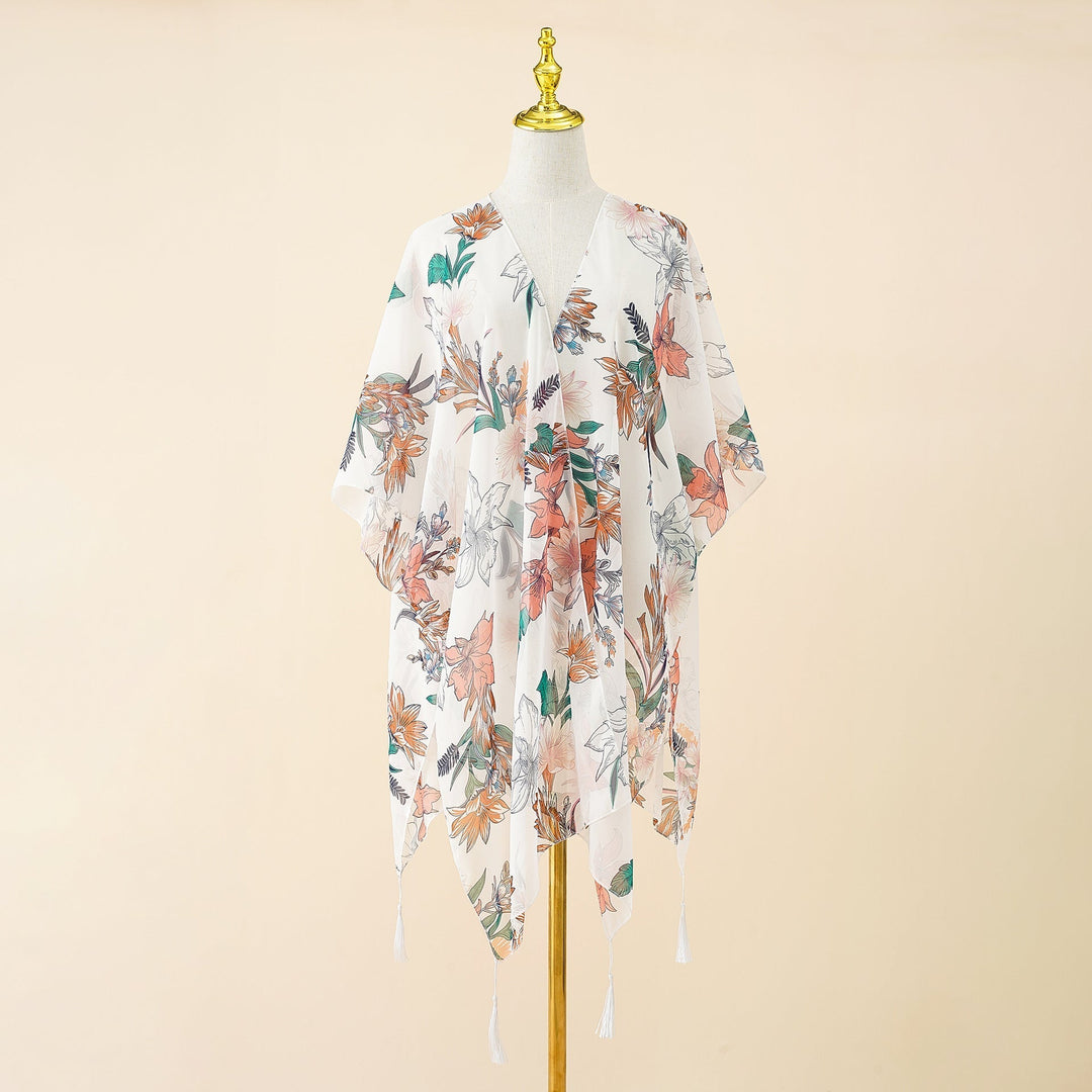 Kimono Cover-up with Floral Print and Tassels – Liora-White Pink-State of Style