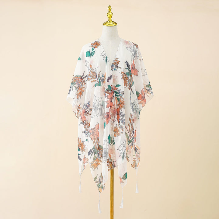 Kimono Cover-up with Floral Print and Tassels – Liora-White Pink-State of Style