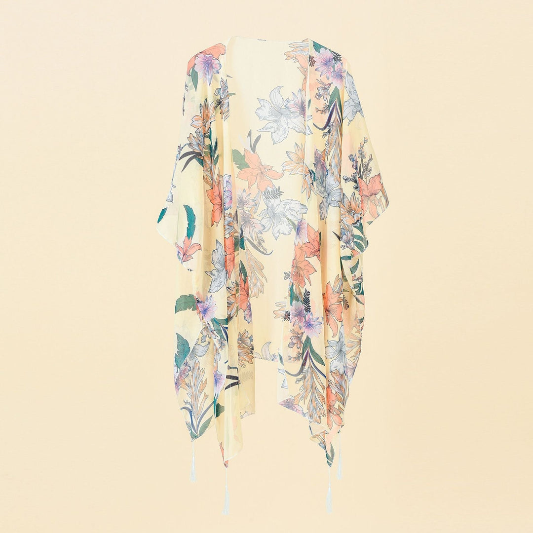 Kimono Cover-up with Floral Print and Tassels – Liora-Yellow Pink-State of Style