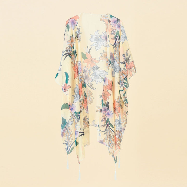 Kimono Cover-up with Floral Print and Tassels – Liora-Yellow Pink-State of Style