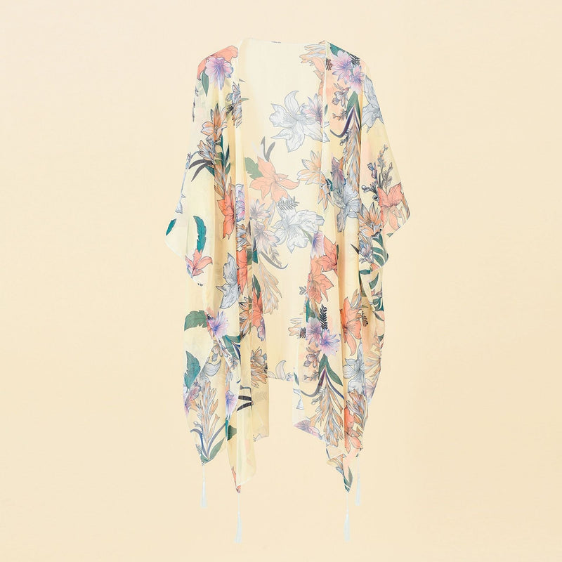 Kimono Cover-up with Floral Print and Tassels – Liora-Yellow Pink-State of Style