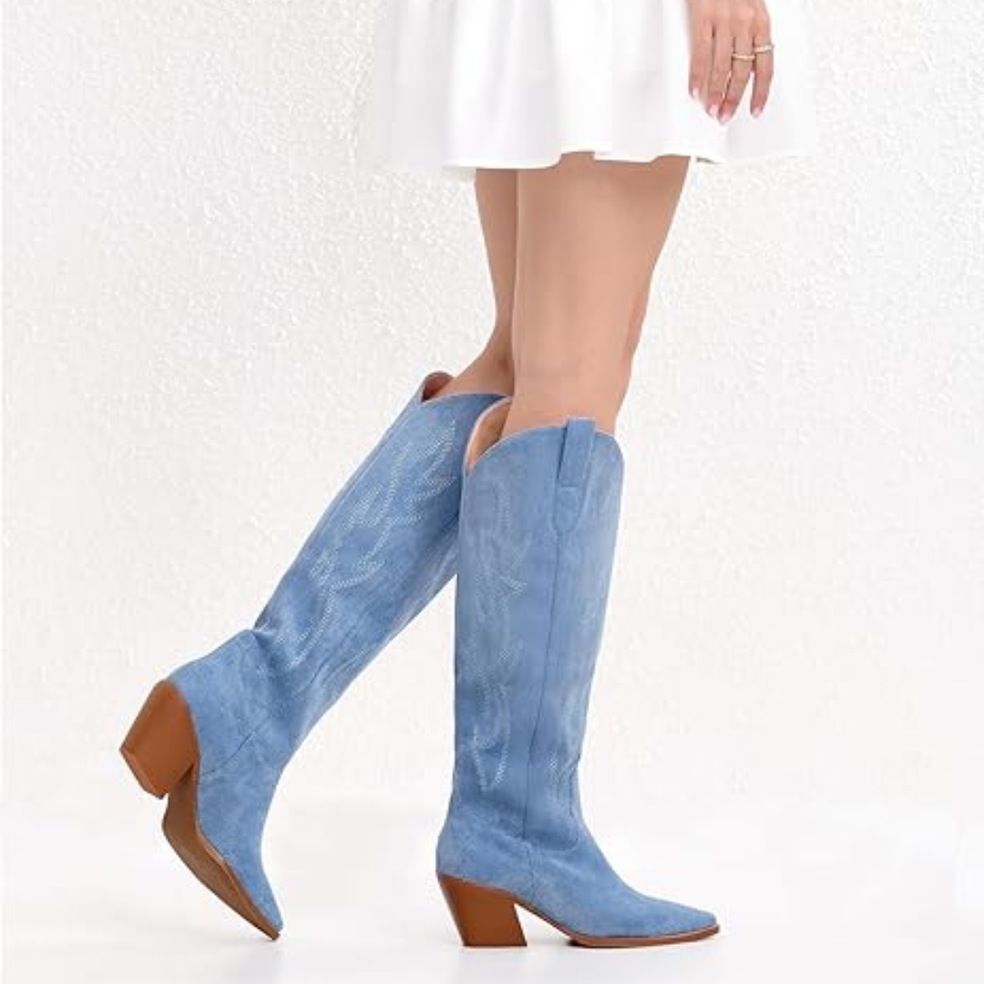 Knee-high Embroidered Suede & Faux Leather Cowboy Boots - Mary-Beige-3-3.5-State of Style