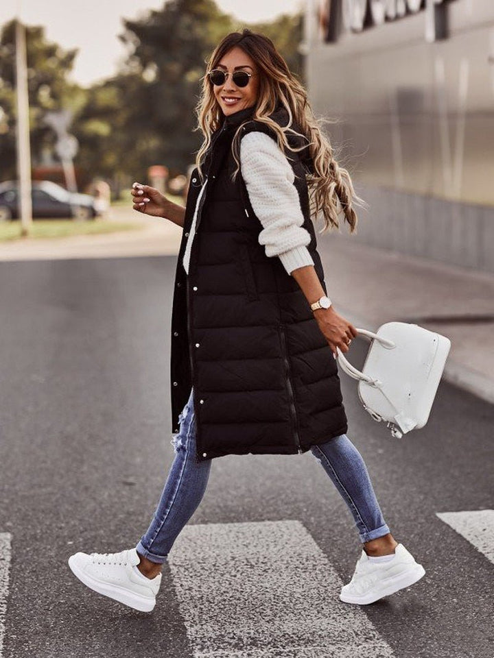 Knee-Length Quilted Women's Bodywarmer - Aurora-Black-S (32-34)-State of Style