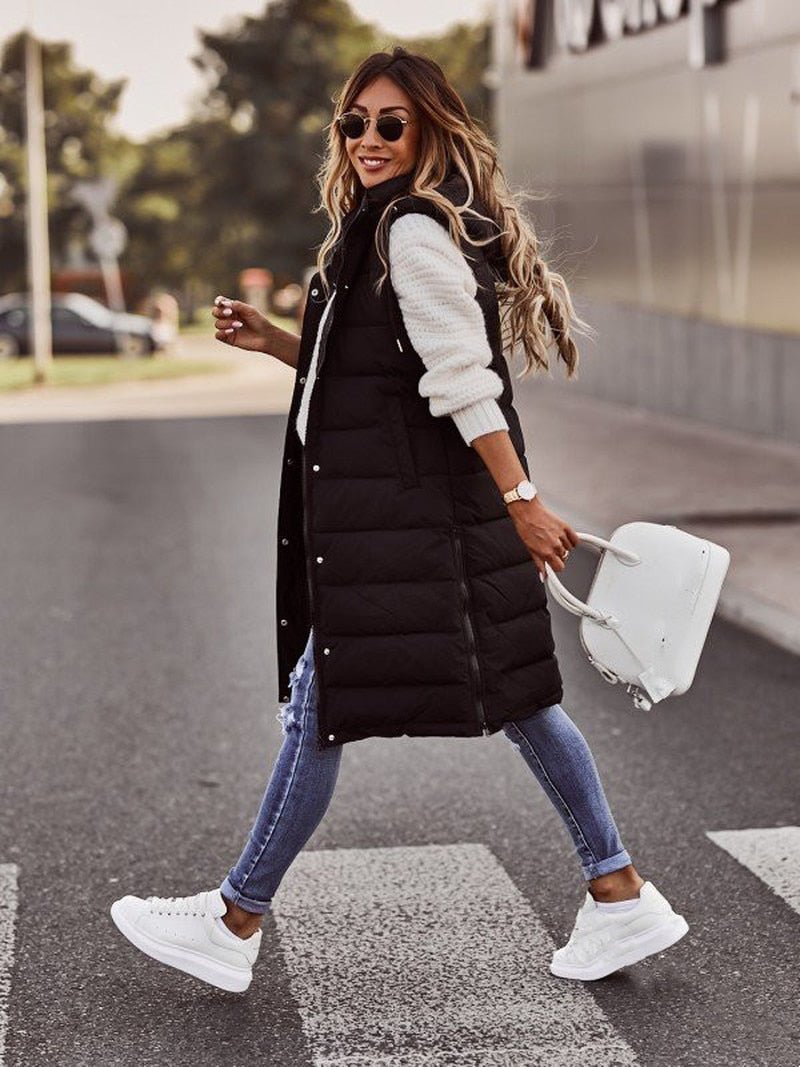Knee-Length Quilted Women's Bodywarmer - Aurora-Black-S (32-34)-State of Style