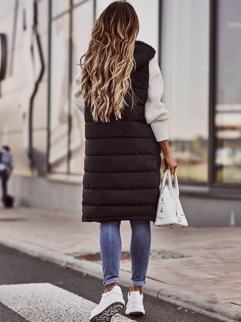Knee-Length Quilted Women's Bodywarmer - Aurora-Black-S (32-34)-State of Style