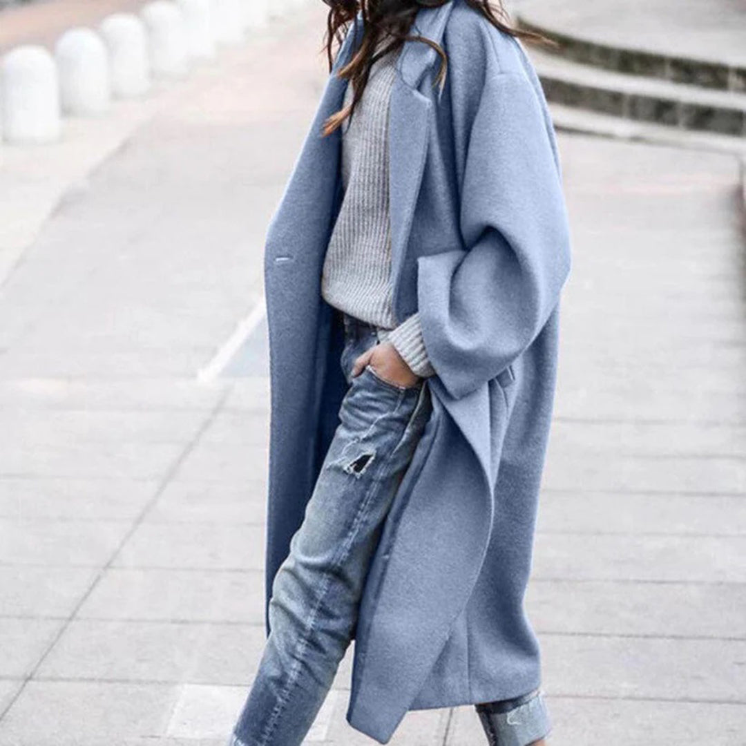 Knee-Length Winter Coat with Large Collar for Women - Mira-Blue-S-State of Style