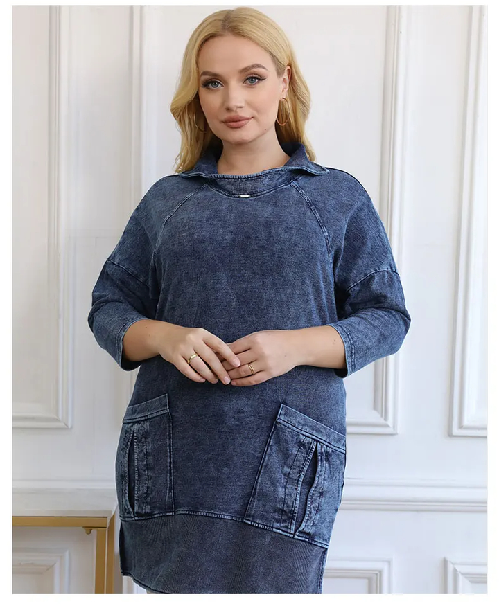 Knitted Denim Jacket Curve Plus Size-Blue-L-State of Style