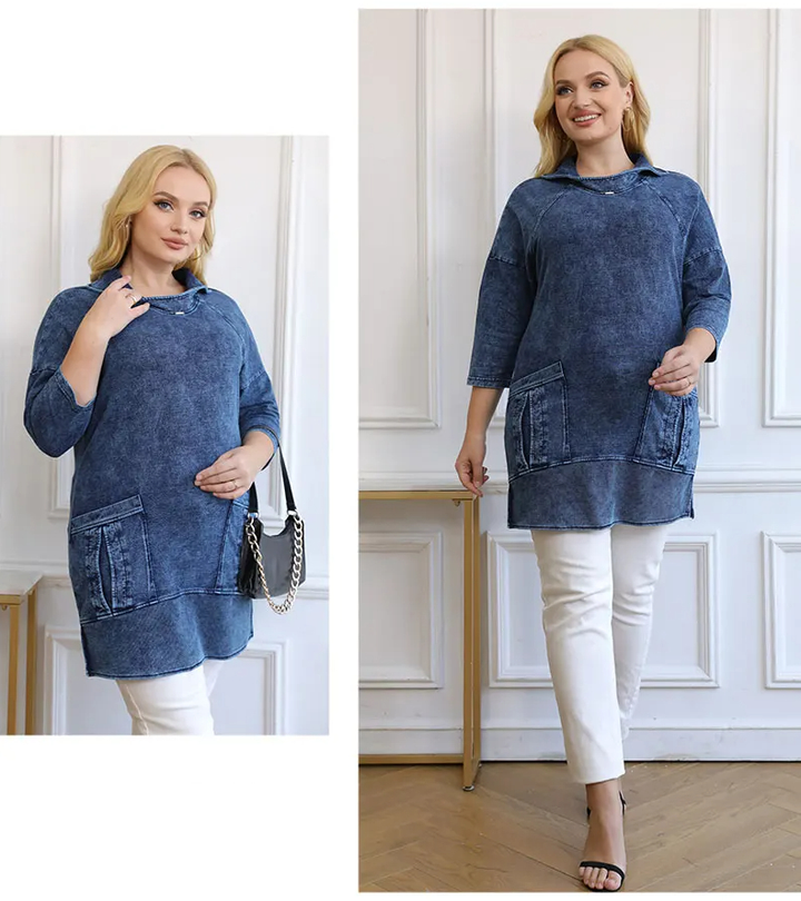 Knitted Denim Jacket Curve Plus Size-Blue-L-State of Style