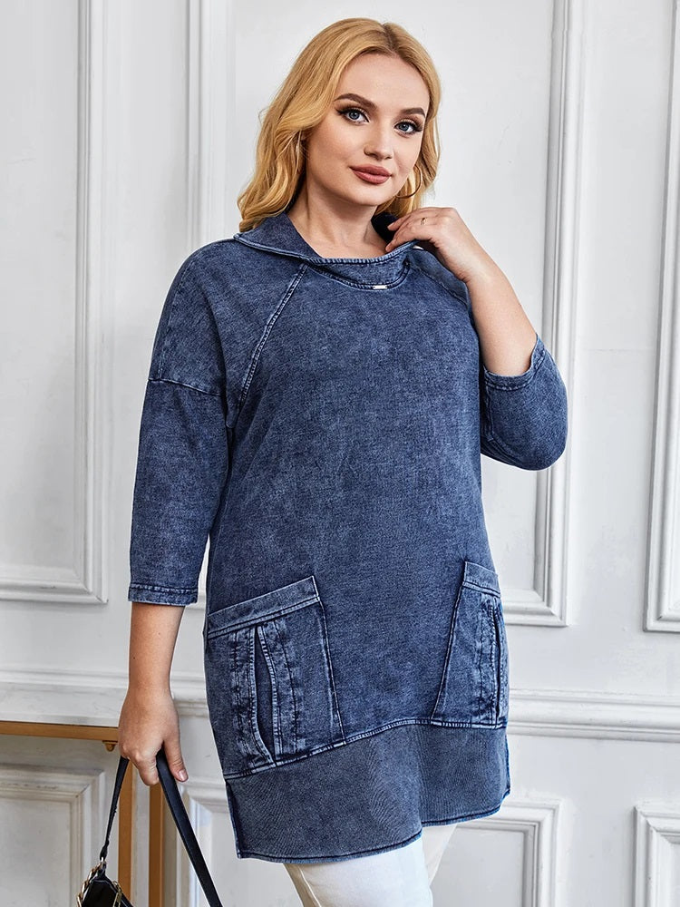 Knitted Denim Jacket Curve Plus Size-Blue-L-State of Style