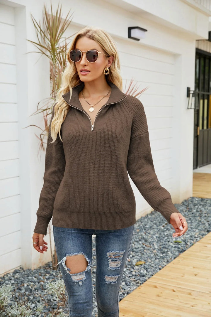 Knitted Half-Zip Jumper - Sienna-Camel-S-State of Style