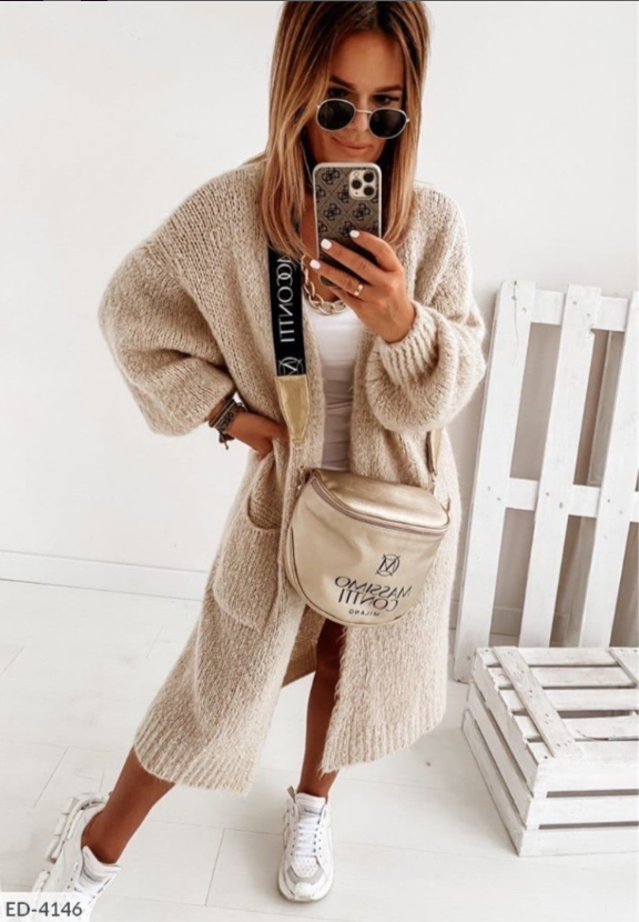 Knitted Long Cardigan With Pockets | Cosy & Stylish-Khaki-S-State of Style