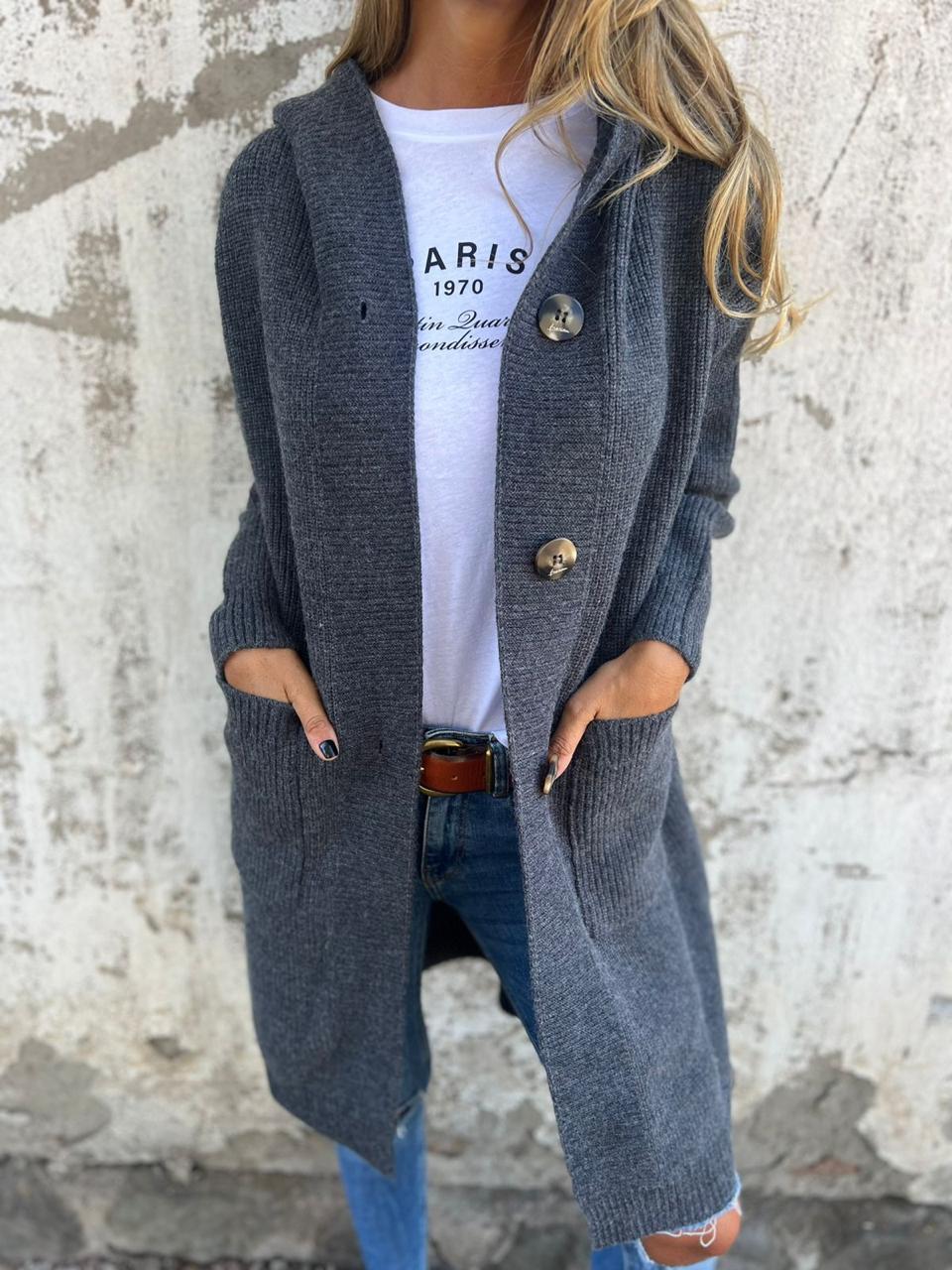 Knitted Long Ladies' Cardigan with Hood - Liv-Grey-S-State of Style