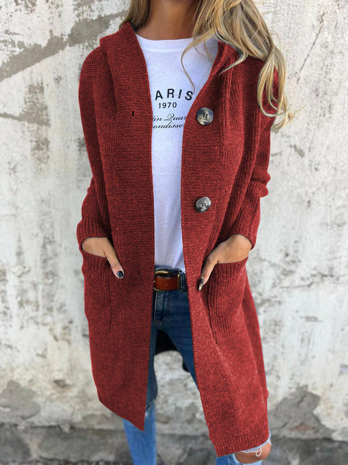 Knitted Long Ladies' Cardigan with Hood - Liv-Red-S-State of Style