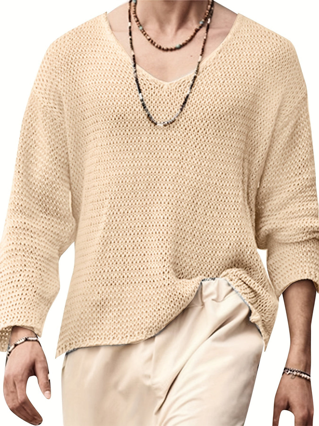 Knitted Men's Top with V-Neck and Long Sleeves – Eliott-Beige-S-State of Style