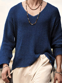 Knitted Men's Top with V-Neck and Long Sleeves – Eliott-Blue-S-State of Style