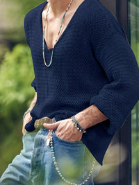 Knitted Men's Top with V-Neck and Long Sleeves – Eliott-Blue-S-State of Style