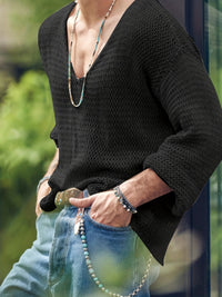 Knitted Men's Top with V-Neck and Long Sleeves – Eliott-Blue-S-State of Style