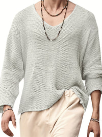 Knitted Men's Top with V-Neck and Long Sleeves – Eliott-Light grey-S-State of Style