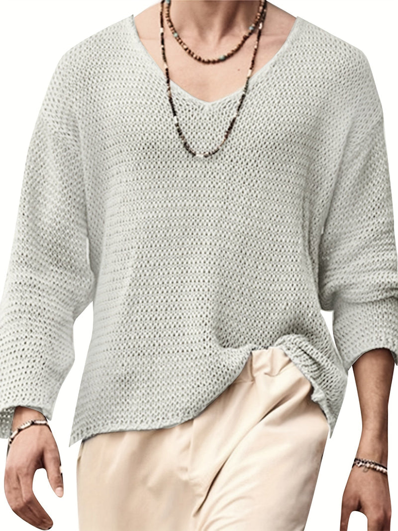 Knitted Men's Top with V-Neck and Long Sleeves – Eliott-Light grey-S-State of Style