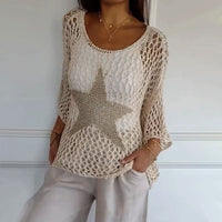 Knitted net top with round neck & crochet pattern - Noelle-Apricot-M-State of Style
