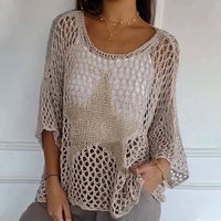 Knitted net top with round neck & crochet pattern - Noelle-Khaki-M-State of Style