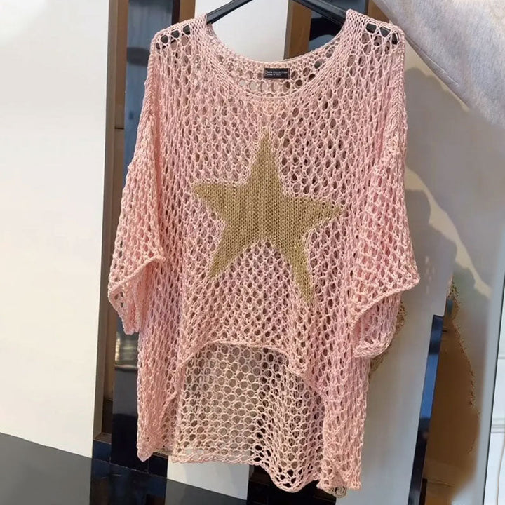 Knitted net top with round neck & crochet pattern - Noelle-White-M-State of Style