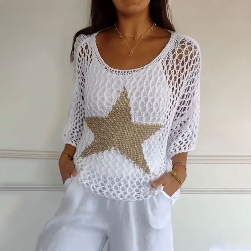 Knitted net top with round neck & crochet pattern - Noelle-White-M-State of Style