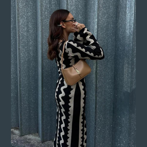 Knitted Summer Dress with Wave Pattern – Mirae-Black-S-State of Style