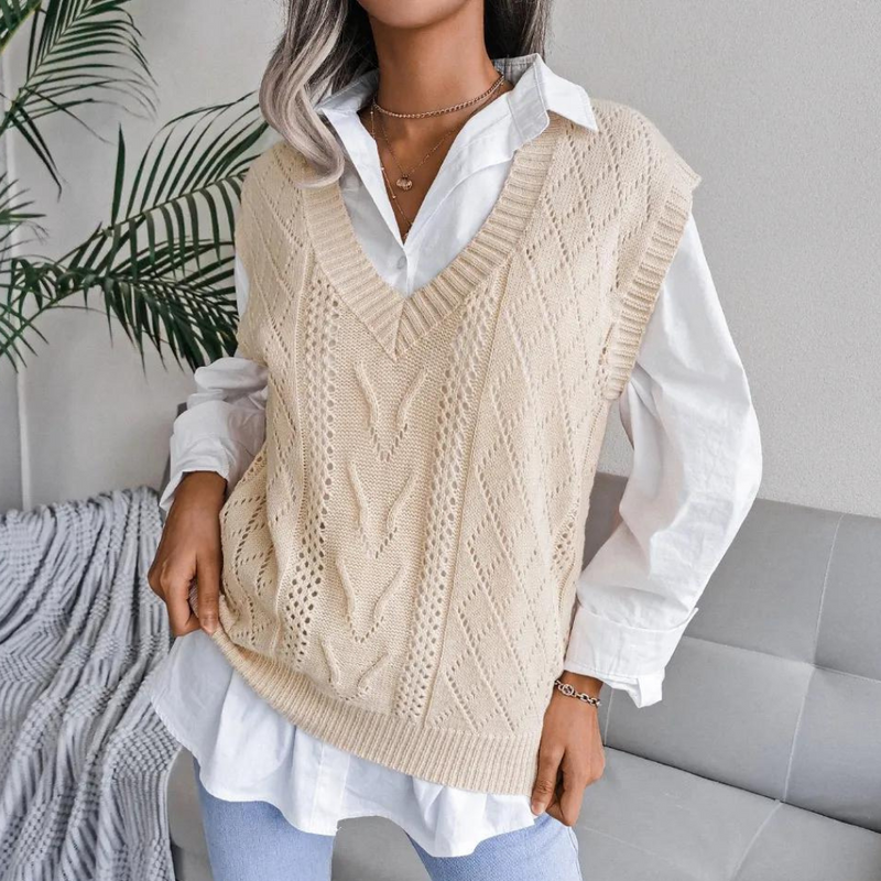 Knitted Sweater Vest with V-Neck for Women - Isabelle-Apricot-XS-State of Style
