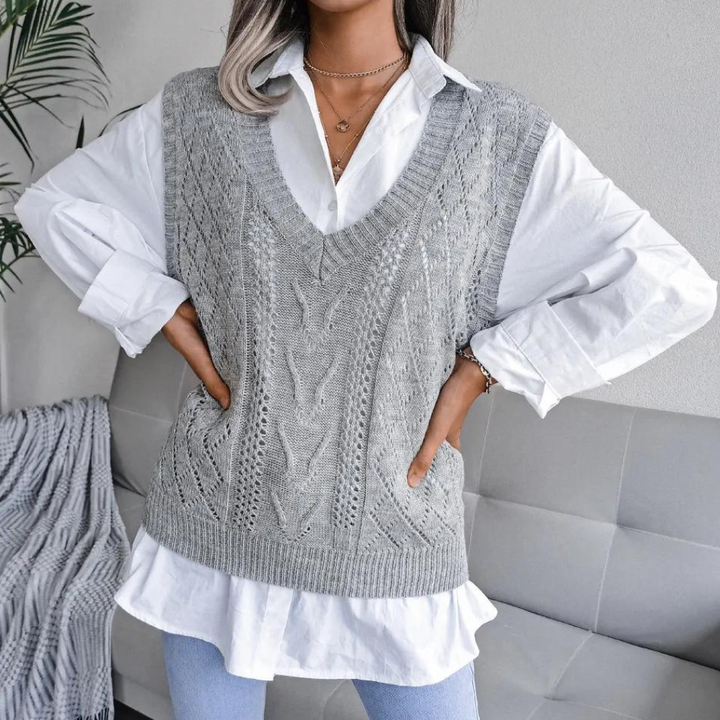 Knitted Sweater Vest with V-Neck for Women - Isabelle-Blue-XS-State of Style