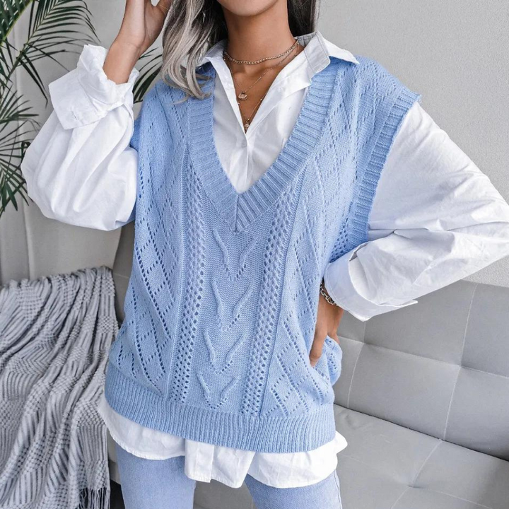 Knitted Sweater Vest with V-Neck for Women - Isabelle-Blue-XS-State of Style