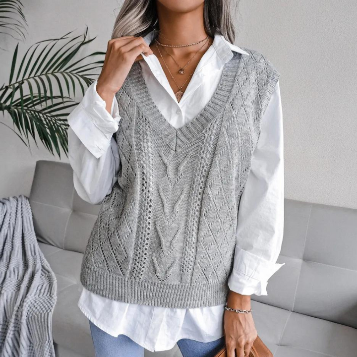 Knitted Sweater Vest with V-Neck for Women - Isabelle-Grey-XS-State of Style