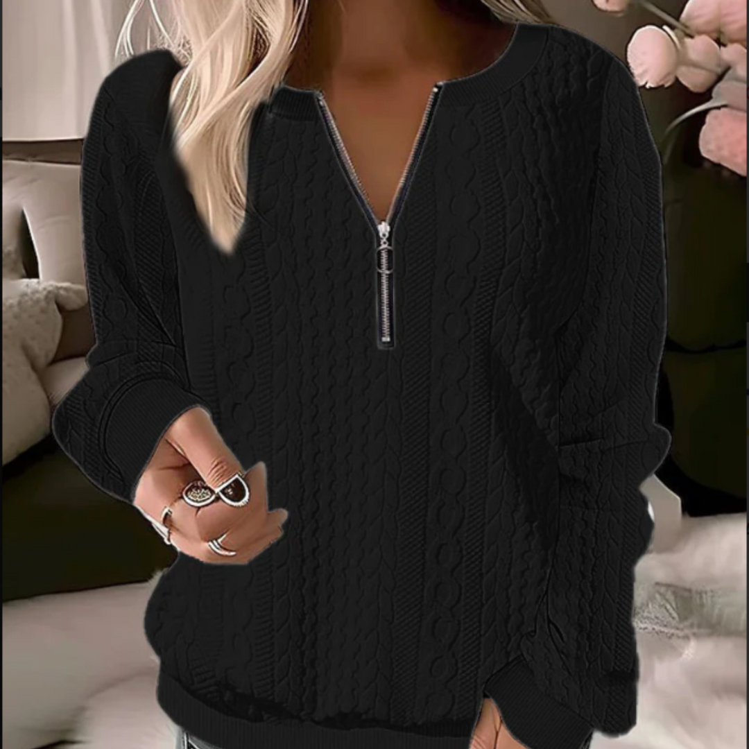 Knitted Sweater with Round Neck and Jacquard Pattern – Tessa-Black-S-State of Style