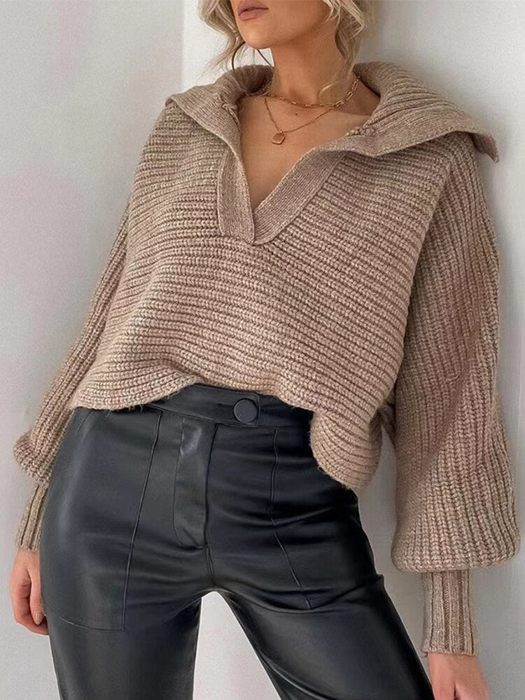 Knitted V-Neck Jumper - Isolde-Khaki-S-State of Style