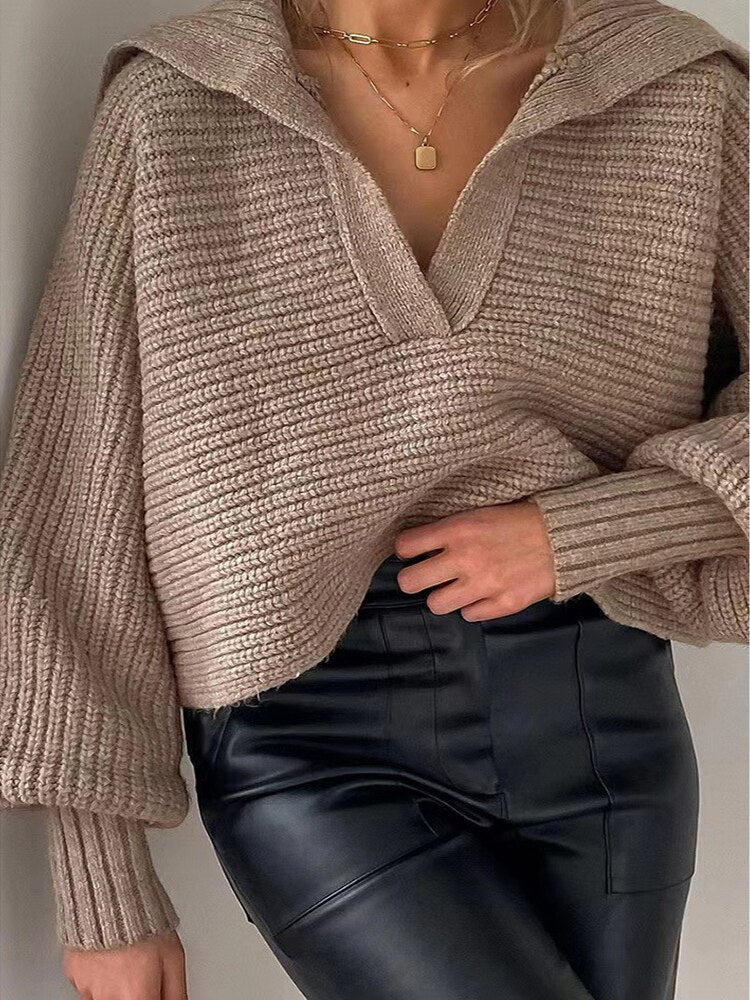 Knitted V-Neck Sweater - Isolde-Khaki-S-State of Style