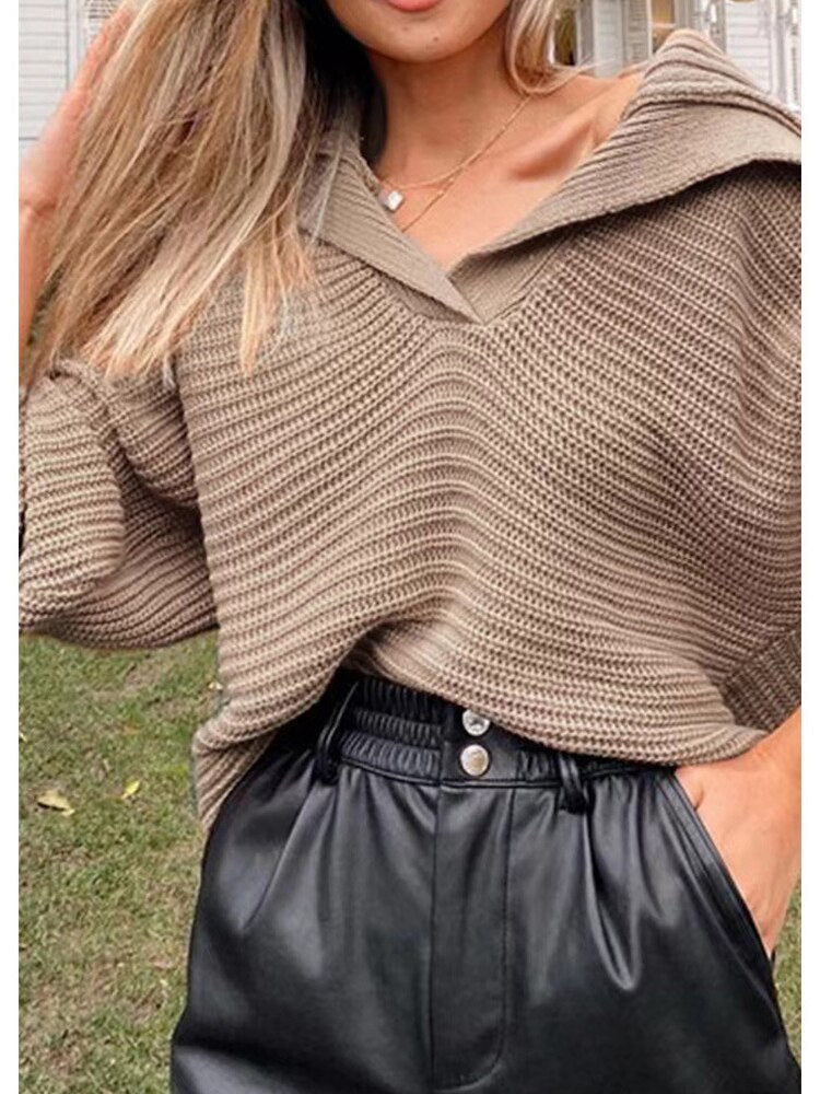 Knitted V-Neck Sweater - Isolde-Khaki-S-State of Style