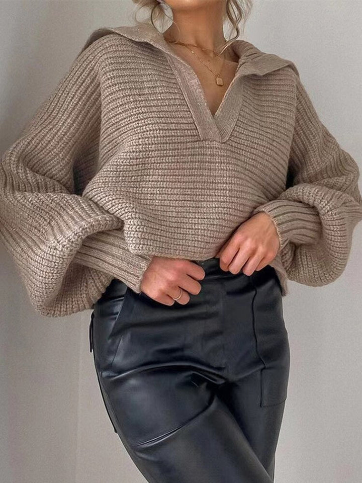 Knitted V-Neck Sweater - Isolde-Khaki-S-State of Style