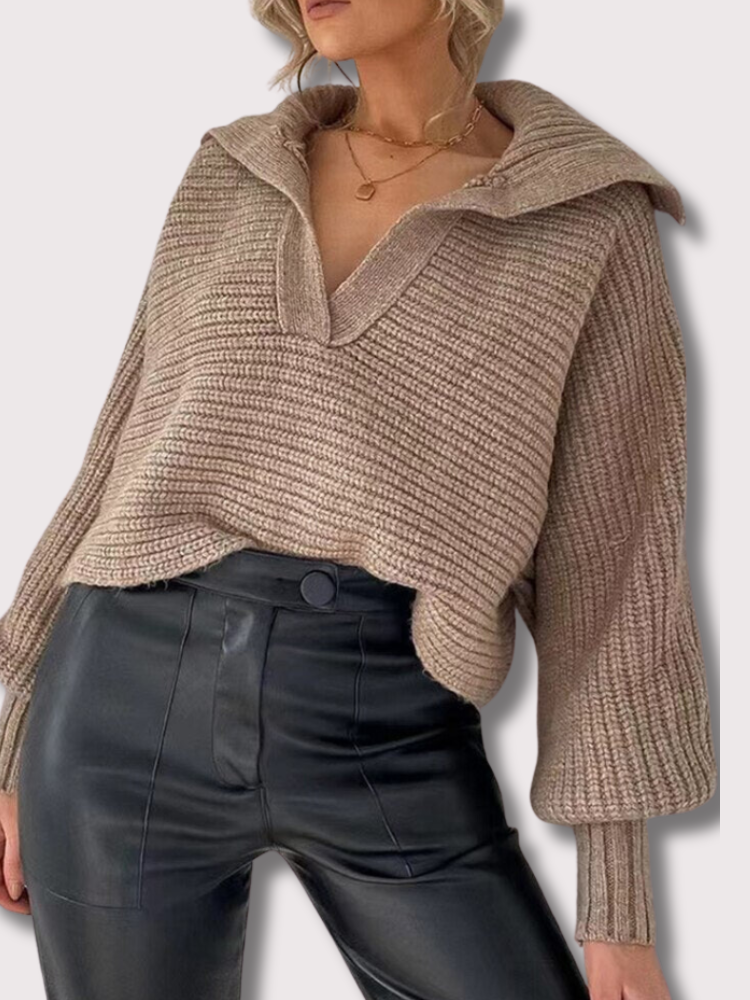 Knitted V-Neck Sweater - Isolde-Khaki-S-State of Style