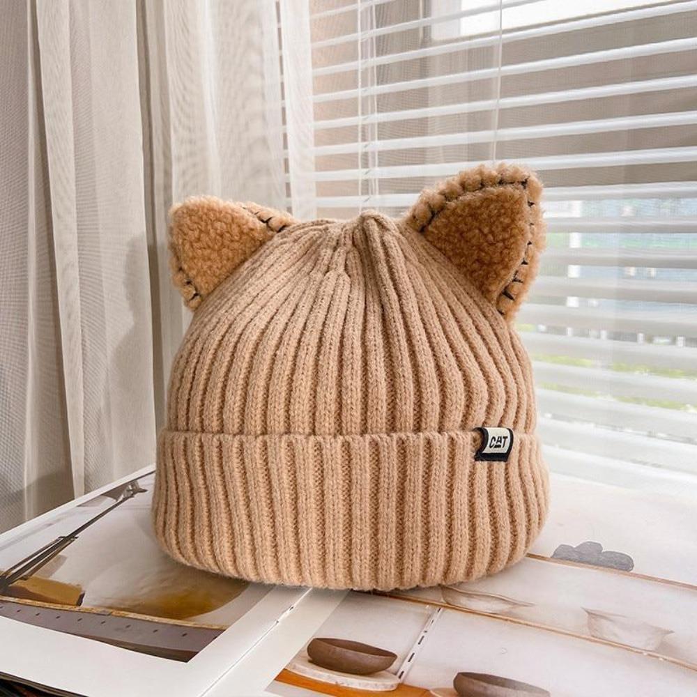 Knitted Winter Hat with Cat Ears - PurrWarm-Khaki-1-State of Style