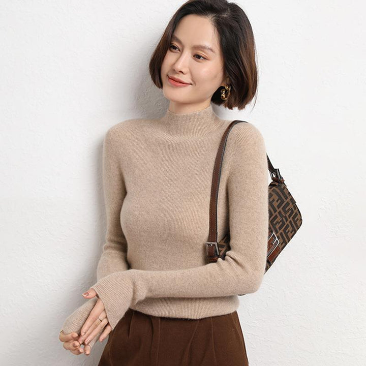 Knitted Women's Sweater with Half Polo - Sophie-Light Brown-S-State of Style